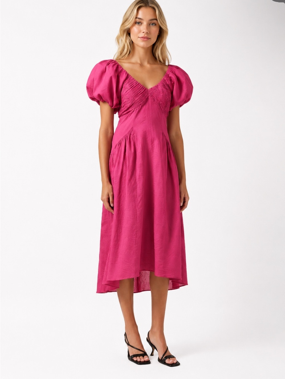 FRAME Fuchsia Pintucked Cotton-Cloquè Puff-Sleeve Midi Dress Size XS 8050